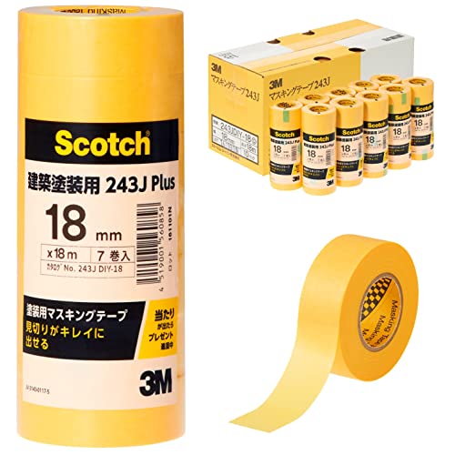 スリーエム(3M) スコッチ マスキングテープ 建築塗装用 243J Plus 黄色 18mm×18m 中箱 70巻 243JDIY-18BOX