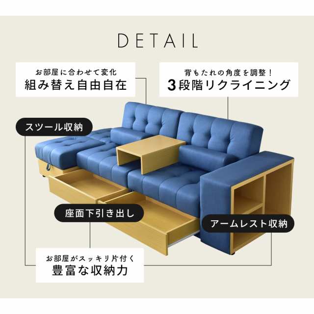ソファー ソファーベッド 引出し収納 レイアウト自由 カウチ 三人掛け 肘付 サンパ インテリア家具 おすすめ おしゃれ 北欧 big_ki  プレゼント tm｜au PAY マーケット