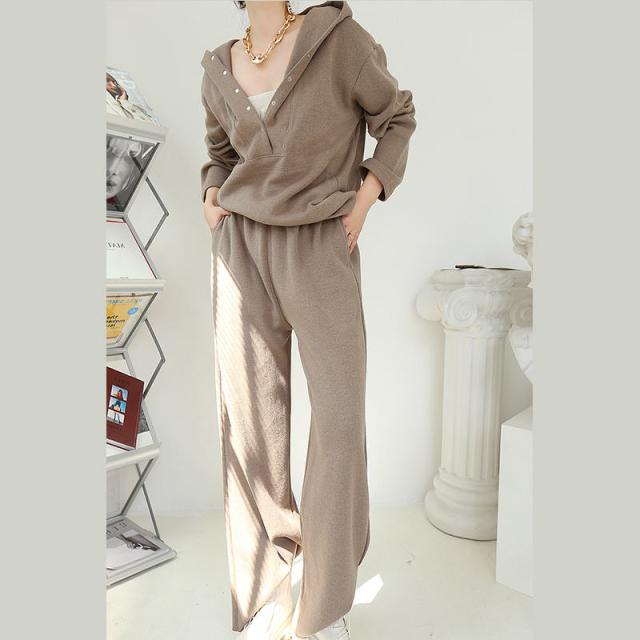 レディース ハーフジップパーカー +ワイドパンツ スウェットニットセットアップ 2点セット トップス ビッグシルエット体型カバー ゆったり 長袖 おしゃれ きれいめ 暖か 柔らか 春秋冬の通販は