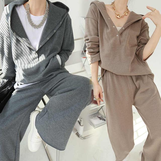 レディース ハーフジップパーカー +ワイドパンツ スウェットニットセットアップ 2点セット トップス ビッグシルエット体型カバー ゆったり 長袖 おしゃれ きれいめ 暖か 柔らか 春秋冬の通販は