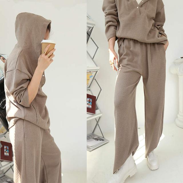 レディース ハーフジップパーカー +ワイドパンツ スウェットニットセットアップ 2点セット トップス ビッグシルエット体型カバー ゆったり 長袖 おしゃれ きれいめ 暖か 柔らか 春秋冬の通販は