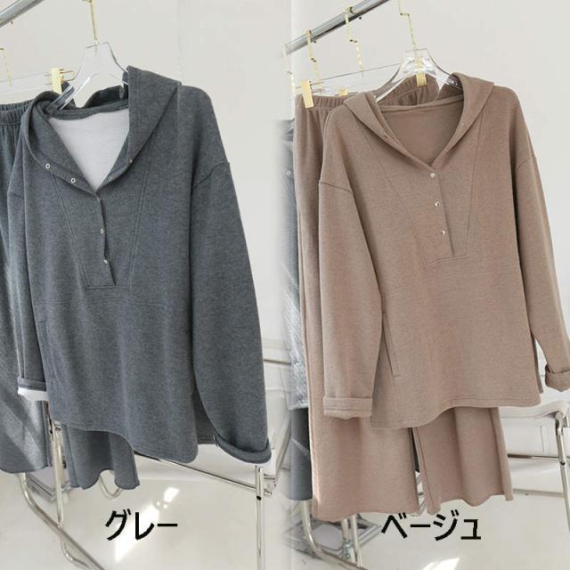 レディース ハーフジップパーカー +ワイドパンツ スウェットニットセットアップ 2点セット トップス ビッグシルエット体型カバー ゆったり 長袖 おしゃれ きれいめ 暖か 柔らか 春秋冬の通販は