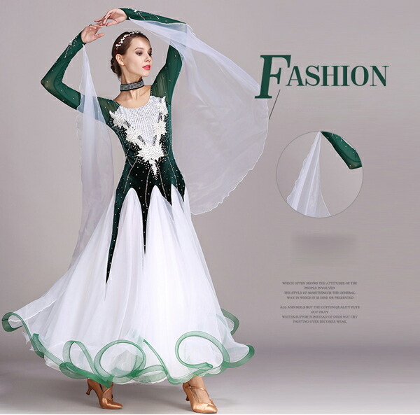 着た時 歩いた時のシルエットがとても美しい 軽くてフレアもたっぷり入っているので綺麗に揺れます ストレッチ素材で動きやすく、練習等におすすめのレディース社交ダンスウェアです