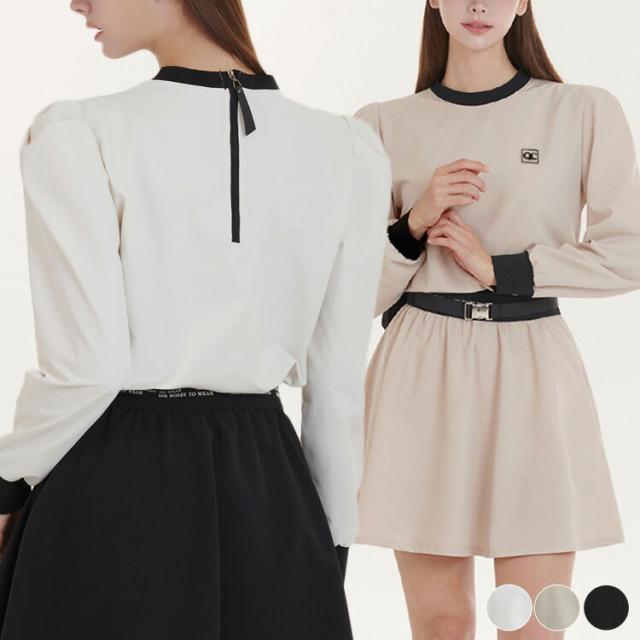 ゴルフウェア トップス レディース 韓国 パフスリーブ 長袖 防風 春 秋 ストレッチ 黒 ベージュ 白 シンプル フェミニン バイカラー おしゃれ ゴルフ女子 大人 ゴルフ スポーツ テニス