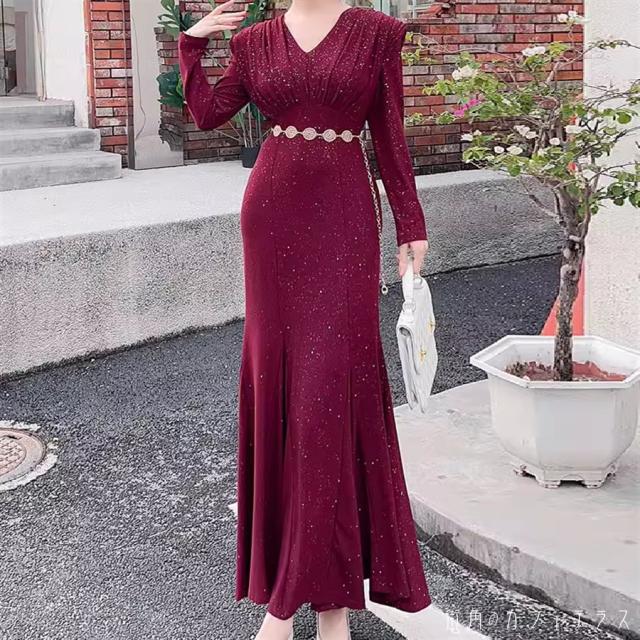 ロングドレス ワンピース 2色 マーメイド Aライン フレア キラキラ グリッター ラメ パーティドレス カラードレス マキシ 長袖 Vネック エレガント 可愛い 大人可愛い きれいめ シンプル カジ