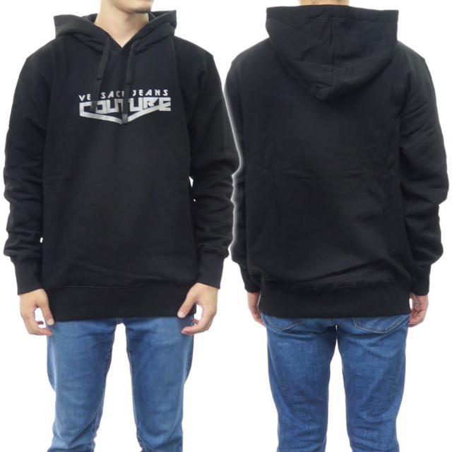 旧作お買い得セール！ VERSACE JEANS ヴェルサーチェジーンズ パーカー メンズ プルオーバー コットン 綿100％ 73GAIT30 UP306 ブラック×シルバー