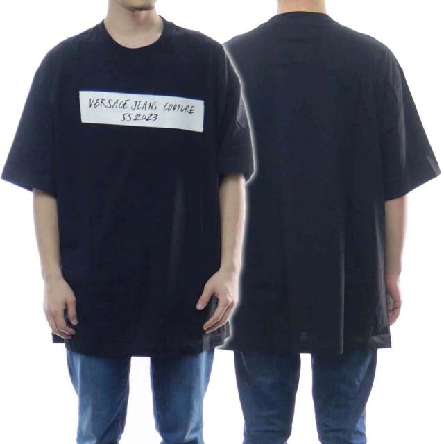 旧作お買い得セール！ VERSACE JEANS ヴェルサーチェジーンズ Tシャツ メンズ 半袖 クルーネック コットン 綿100％ 74GAHE01 CJ00E ブラック