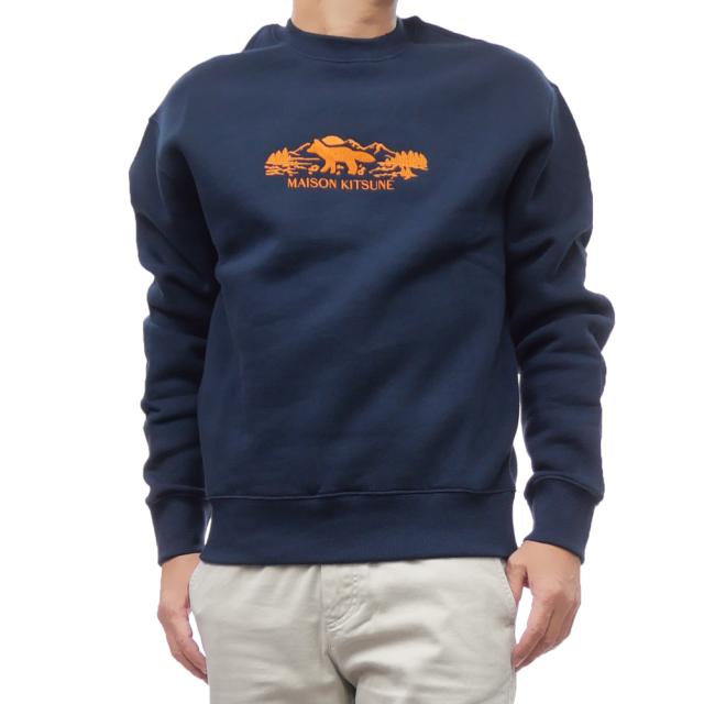 セール 45％OFF！MAISON KITSUNE メゾンキツネトレーナー メンズ 裏起毛 MM00308KM0307 /OUTDOOR PROFILE FOX COMFORT SWEATSHIRT ネイビー