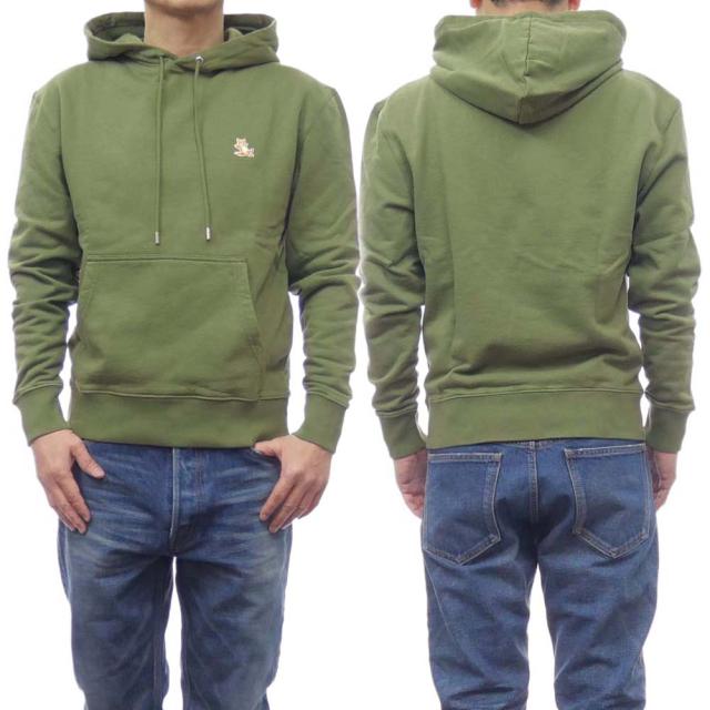 旧作お買い得セール！ MAISON KITSUNE メゾンキツネ パーカー メンズ パイル地プルオーバー コットン 綿100％ LM00706 KM0001 / CHILLAX PATCH REGULAR HOODIE ミリタリーグリーン