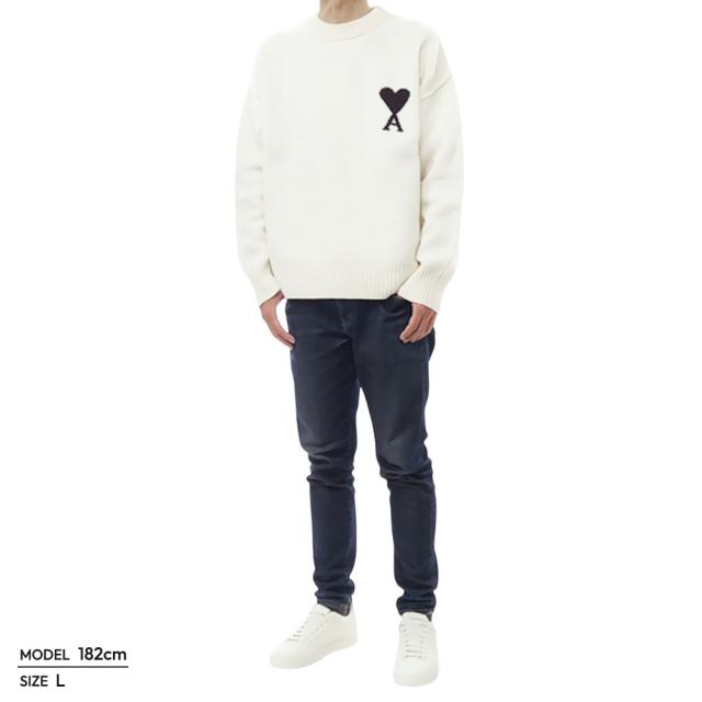 ami paris ニット　ホワイト OFFWHITE/BLACK White Wool Ami De Coeur Crewneck Sweater | AMI PARIS