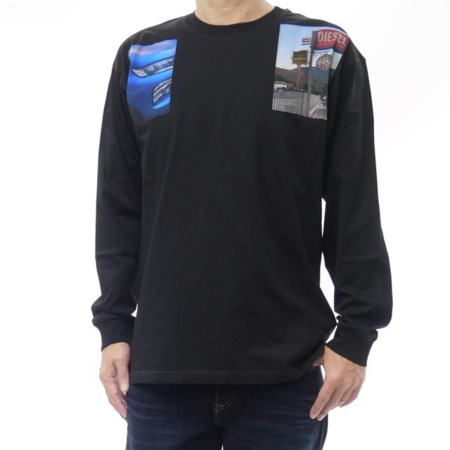 2025 秋冬新作！ DIESEL ディーゼル Tシャツ メンズ 長袖 クルーネック ロンT コットン 綿100％ A19468 0PLAT / S-BG-CK-BM ブラック