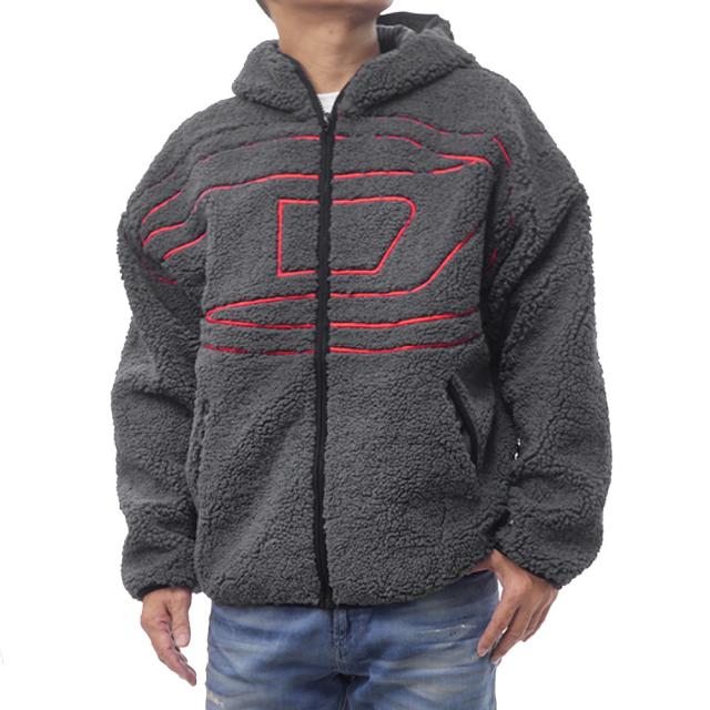 2025 秋冬新作！ DIESEL ディーゼル ブルゾン メンズ ボアブルゾン A18497 OKIBT / S-ZAT SWEAT SHIRT チャコール×レッド
