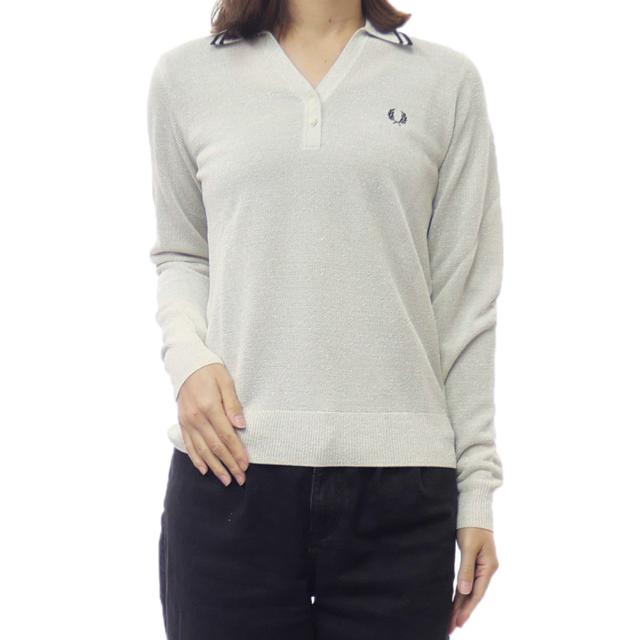 FRED PERRY フレッドペリー レディースVネックニットポロシャツ K1128 / TXTRD LLIC  KNIT POLO SHIRT シルバー 2025秋冬新作