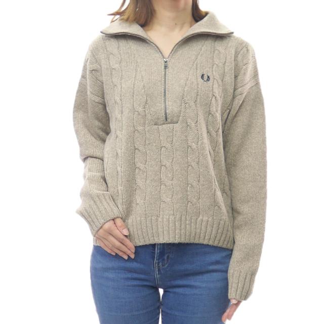2025 秋冬新作！ FRED PERRY フレッドペリー セーター レディース ハーフジップ K1103 / HALF ZIP CABLE KNIT JUMBER ベージュ