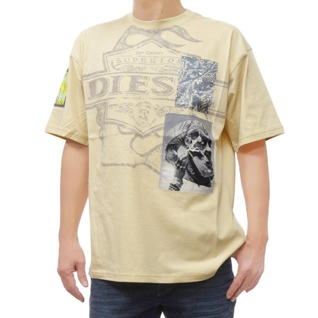 セールSS DIESEL ディーゼル Tシャツ メンズ 半袖 クルーネック コットン 綿100％ A16162 0PLAT / T-BOXT-SLITS-R3 ベージュ