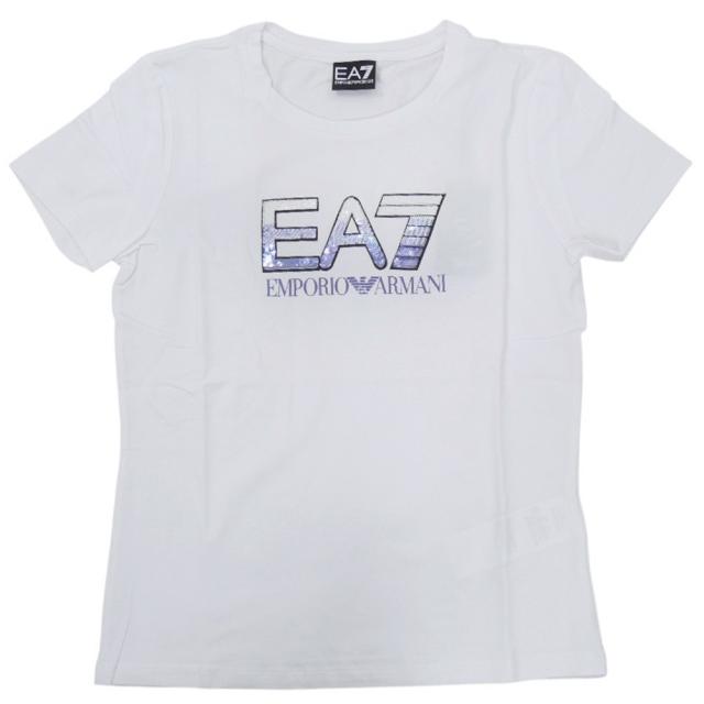 旧モデルセール！ EMPORIO ARMANI エンポリオアルマーニ EA7 Tシャツ レディース トップス 半袖 ラウンドネック 7W000183 AF10373 ブランド スパンコール ロゴ グラデーション カジュアル スポーティ ジム ホワイト_4