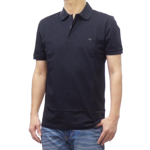 セールSS EMPORIO ARMANI エンポリオアルマーニ ポロシャツ 半袖 メンズ コットン 綿100％ ピケ ハーフジップ 同色ロゴ EM001146 AF13742 カジュアル スポーティ ジム トレーニング 大きいサイズ ダークネイビー 敬老の日 プレゼント ギフト