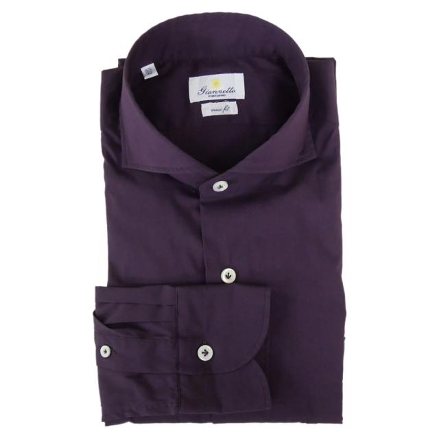 セールSS GIANNETTO ジャンネット カッタウェイシャツ メンズ 長袖 AC999 VINCI FIT WASH ワイシャツ ブランド ワンポイント 刺繍 上品 ビジネス きれいめ 無地 ダークパープル