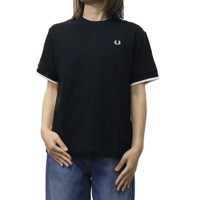 FRED PERRY フレッドペリー Tシャツ レディース トップス クルーネックTシャツ 半袖 綿100％ G2167 / MESH CUFF PIQUE T-SHIRT ブラック 2026春夏新作