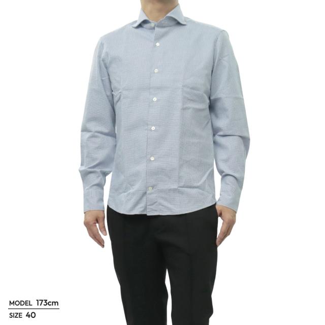 GIANNETTO ジャンネット メンズ カッタウェイシャツ 長袖 綿100％ AC160 / VINCI FIT WASH ブルー×ホワイト 2026春夏新作_1