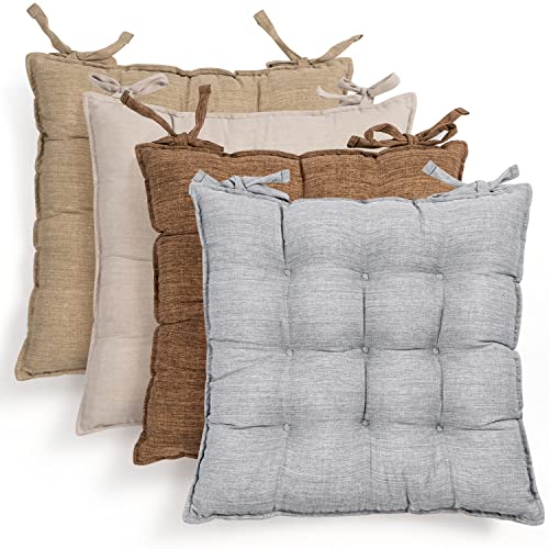 AIFY 座布団 椅子 クッション 厚め 紐付き 4枚セット ふわふわ 麻風 無地 オールシーズン シートクッション ダイニングチェア用 40x40x5cm グレー/クリーム/ベージュ/ブラウン 4枚セット