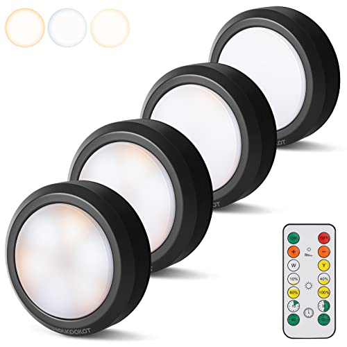 LEDライト 4個セット 電池式 キッチンライト HOLKPOILOT 照明 明るさ調整 昼光色/電球色/温白色に切り替え 切タイマーで自動消灯 リモコン付き LEDライト 小型 電池式 手元ライト 直径9cm 単3電池3本 (別売) 貼