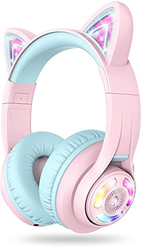 iClever 子供用ヘッドホン Bluetoothヘッドフォン 猫耳LEDライトアップワイヤレスキッズヘッドフォン 音量制限付き（74dB/85dB/ 94dB） 45Hプレイタイム マイク付き 学校/タブレット/PC用 BTH13 ピの通販は
