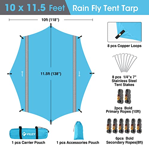 VILLEY タープ キャンプタープ サンシェルター テントタープ 天幕 3.5x3m PUコーティング 難燃性素材 紫外線カット 遮光 遮熱 防水 焚き火可能 アウトドア 収納ケース付き (ブルー)