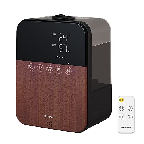 アイリスオーヤマ 加湿器 卓上 アロマ 大容量 4.5L ~10畳 ハイブリッド式 (超音波式 + 加熱式 スチーム) 最大加湿量 350ml/h 液晶 リモコン付 連続12時間 HDK-35-TM 木目ブラウン