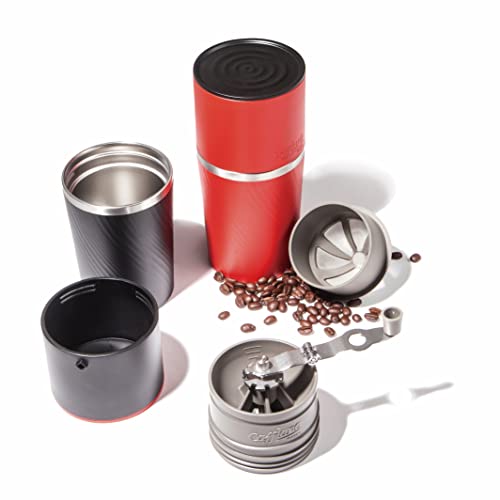 カフラーノ Cafflano ポータブル コーヒーメーカー アウトドア ハンドドリップ コーヒーミル 粗細調節可 ペーパーレスフィルター マグカップ付 レッド 9×9×19.5cm クラシック CK-RD