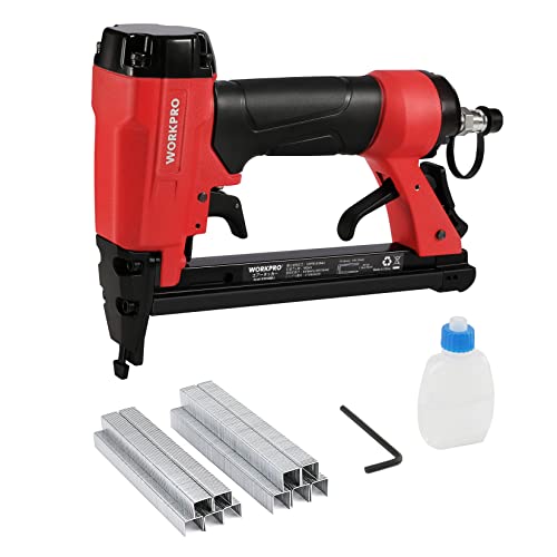 WORKPRO エアータッカー エア釘打機 ステープル 1000本釘付 誤射防止安全ロック機能 常圧 軽量 コンパクト 360°排気調整 コ型替針 肩幅10mm 適応足長6~16mm 木工ツール 大工工具 常圧ステープル用 エアネイラの通販は 6,688円