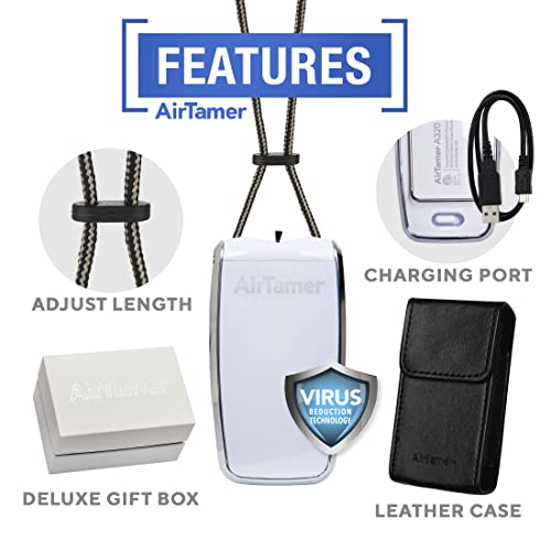 AirTamer A320W 充電式パーソナル空気清浄機、実証済みの性能、ウイルスおよび汚染物質テスト済み*、ホワイト、レザー トラベル ケース付き_1