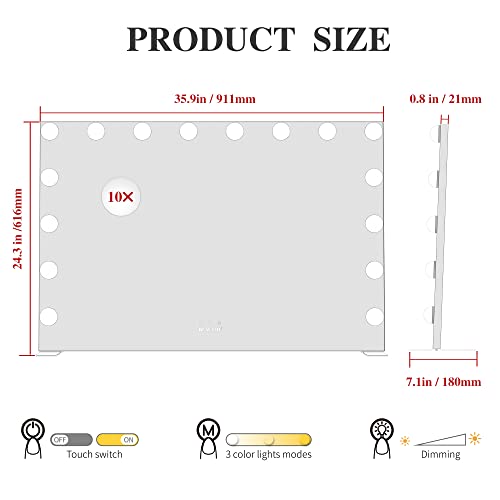 Wonstart 62x91cm 女優ミラー 化粧鏡 ハリウッドスタイル 16個LED電球付き 3色ライトモード 明るさ調節可能 女優ライト 卓上 LEDミラー ドレッサー/化粧台適用 (ホワイト)_1