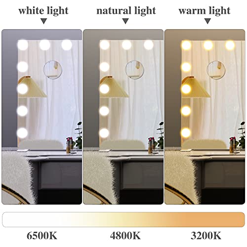 Wonstart 62x91cm 女優ミラー 化粧鏡 ハリウッドスタイル 16個LED電球付き 3色ライトモード 明るさ調節可能 女優ライト 卓上 LEDミラー ドレッサー/化粧台適用 (ホワイト)_2