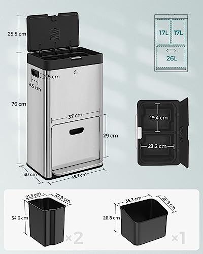 SONGMICS ゴミ箱 2段式3分別 縦型 合計60Lペダル式キッチンごみ箱 ...