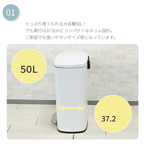 マナベインテリアハーツ 50Ｌ ゴミ箱 ごみ箱 ふた付き ペダル式 ダストボックス 大きい フラットランド ホワイト 45l 袋対応 足踏み 大容量 密閉 白_1