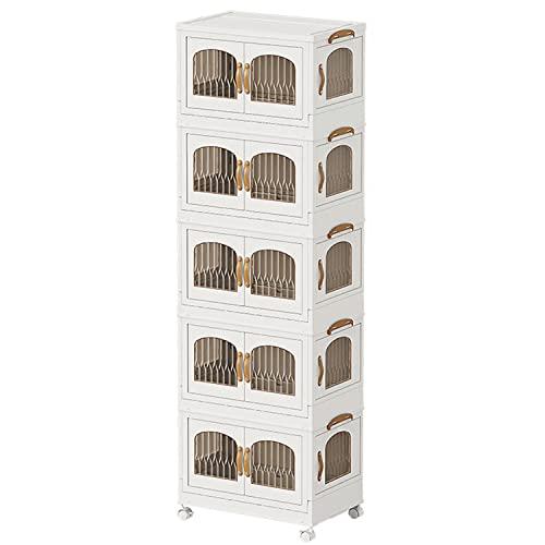 OTYTY 折り畳みコンテナ 収納棚 キャビネット 収納ボックス キャスター付き コンテナ ボックス ふた付き 一体型5段式 43cm*27.5cm*131cm ３面扉 収納ワゴン 本棚 おしゃれ ホワイト 書類/衣類/布団/おもちゃ/食 13,900円