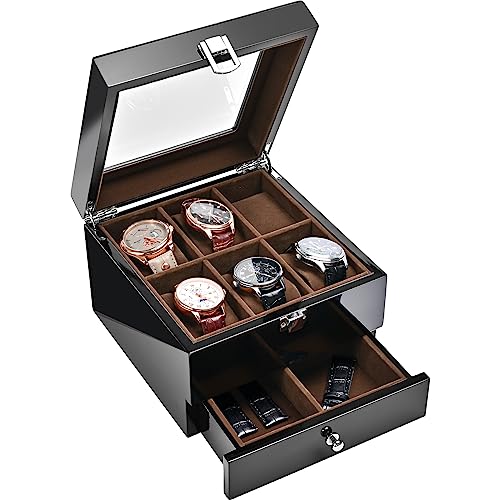 ProCase 腕時計ケース 木製 2段式 腕時計 メガネ 男性 アクセサリー ピアノ塗装 収納ボックス ガラス蓋 ディスプレイケース 小物整理 プレゼント（ブラック）
