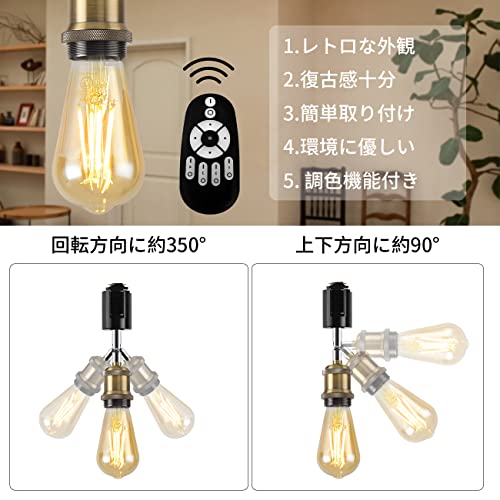 LVWIT ダクトレールライト E26口金 LED電球付き 調光調色 消費電力6W 遠隔操作 エジソン電球 ライティングレール 天井照明 角度調節可能 昼光色 昼白色 電球色 常夜灯 レトロ リモコン付き 3個セット（電池別売） LVWIT ダクトレールライト E26口金 LED電球付き 調光調色 消費電力6W