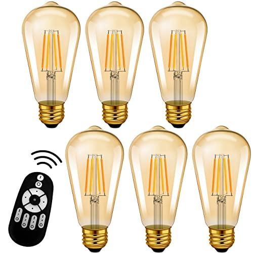 LVWIT フィラメント電球 60W形相当 E26口金 LED電球 600LM 調光 調色 リモコン付き LEDランプ 茶色 消費電力6W 遠隔操作 昼光色 昼白色 電球色 常夜灯 広配光タイプ 省エネ 雰囲気 6個セット（電池別売）