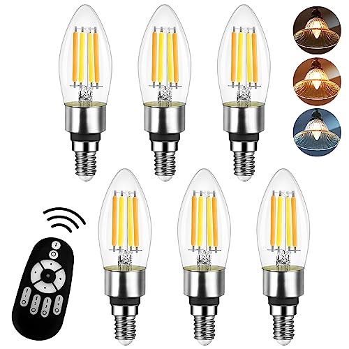 LVWIT シャンデリア電球 E12口金 LED電球 フィラメント電球 50W形相当 600LM 調光 調色 リモコン付き LEDランプ 消費電力4.5W 遠隔操作 昼光色 昼白色 電球色 常夜灯 広配光タイプ 90%省エネ 雰囲気 6個