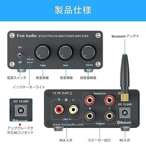 Fosi Audio BT20A Bluetooth 5.0 パワーアンプ 2.0CH ステレオ