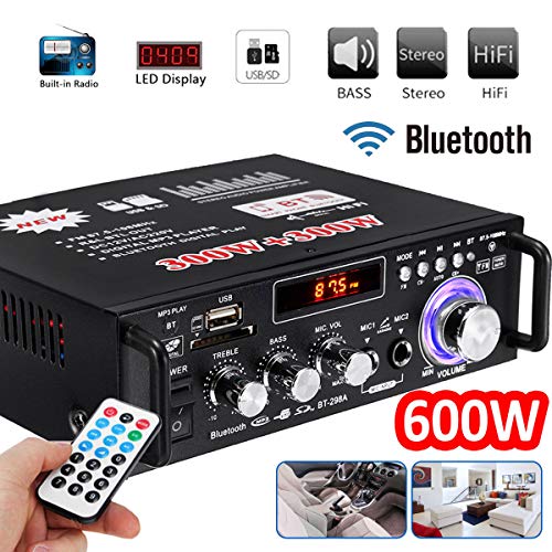 2ch高出力オーディオアンプ コンパクトサイズ 実効最大出力300W＋300W Bluetooth接続対応 USB/SDカード再生可 Hi-Fiステレオパワーアンプ マイク入力可 12V 5Aアダプター付属 FMTLP298A_1