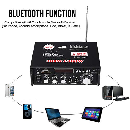 2ch高出力オーディオアンプ コンパクトサイズ 実効最大出力300W＋300W Bluetooth接続対応 USB/SDカード再生可 Hi-Fiステレオパワーアンプ マイク入力可 12V 5Aアダプター付属 FMTLP298A_2