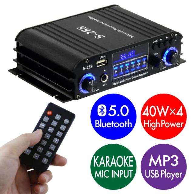 多機能4chオーディオアンプ 4×40W 汎用小型アンプ マイク入力可 カラオケ対応 MP3プレーヤー搭載 Bluetooth対応 Hi-Fiステレオサウンド 12V/5Aアダプター/リモコン付 汎用パワーアンプ FMTLPS288_1