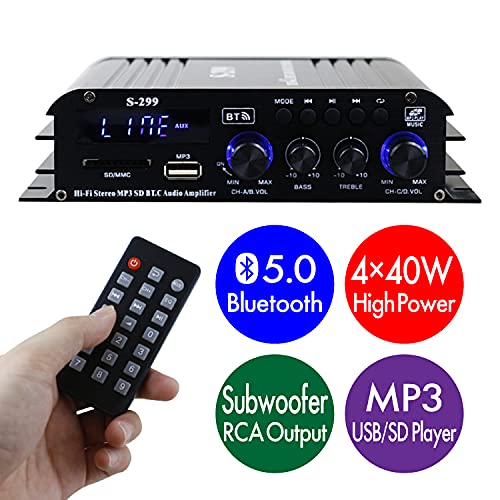 4.1chサラウンドアンプ 4×40W＋RCAサブウーファー 汎用小型アンプ USB/SDカード再生可 Bluetooth対応 コンパクトボディ 4.1チャンネル Hi-Fiサウンド 12V/5Aアダプター/リモコン付 多機能パワーアンプ_1