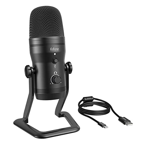 FIFINE USBマイク コンデンサーマイク ステレオレコーディングマイク ミュートボタンと音声モニター可能な3.5mmイヤホン端子付き 極性調整可能 パソコン録音 ゲーム実況 ライブ配信 Skype Discord Zoom PC W