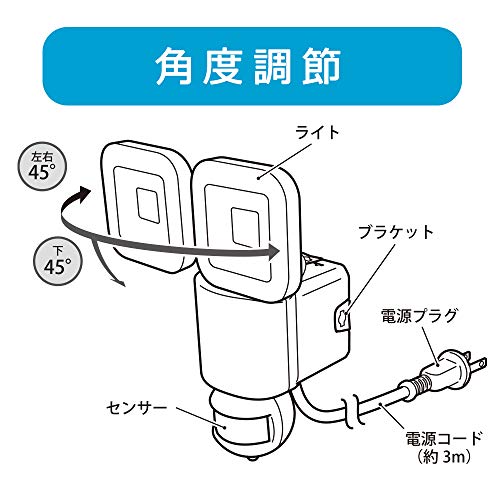 オーム(OHM) 電機 E-Bright LEDセンサーライト コンセント式 2灯 LS-A2305A19-K 06-4243black_3