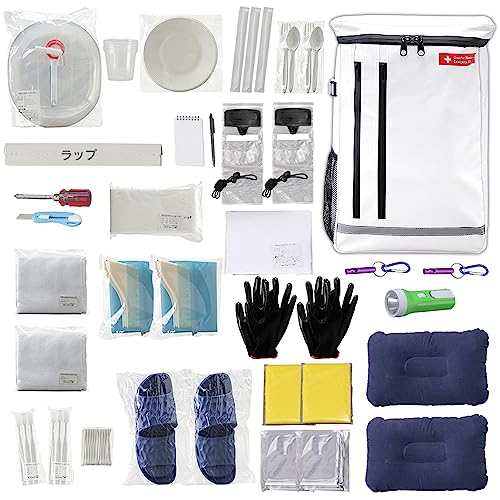 アイリスオーヤマ(IRIS OHYAMA) 防災グッズ 防災リュック 防災セット 2人用 35点 簡易トイレ 懐中電灯 ウォータータンク 撥水加工 ホワイト BS235の通販は