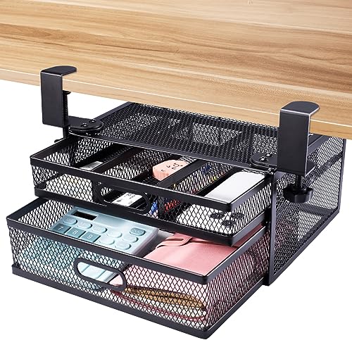 穴あけ不要 & 2層の引き出しデスク下 収納 ラック デスク 収納 スチール製 収納整理仕切り付き 引き出し 後付け テーブル下収納 文房具 収納 卓上 収納 小物ボックス 事務用品 小物整理 スマホン/リモコン/文房具/カトラリー 大容